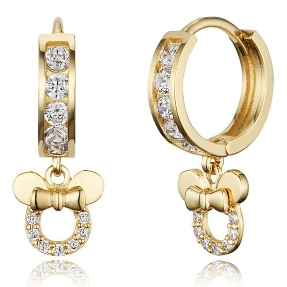 14K Yellow Gold and Diamond Cubic Zirconia Minnie Mouse Hoop Huggie Earrings - Picture 1 of 6